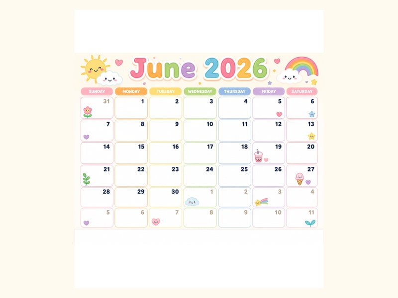 Kawaii June 2026 Calendar printable preview