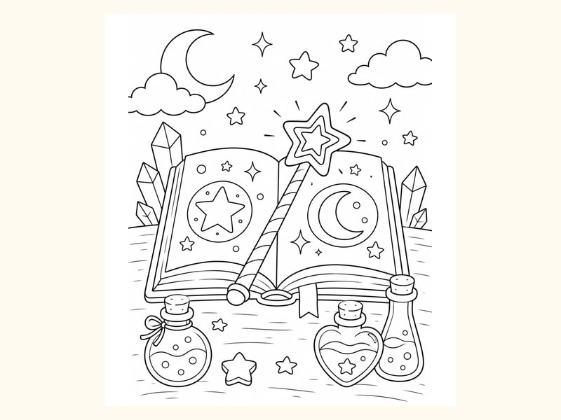 Magic Wand Resting on an Open Spell Book printable preview
