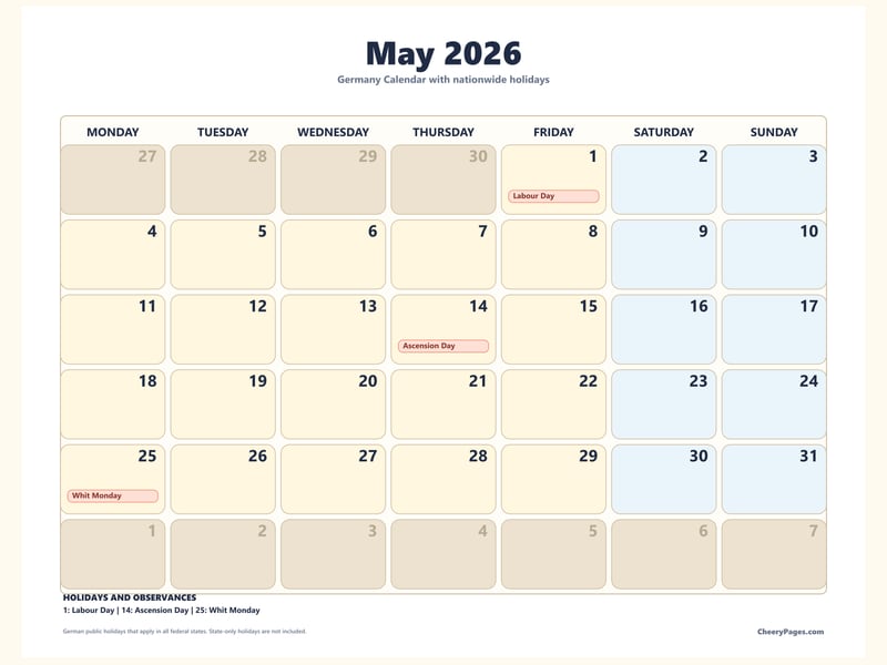 Germany May 2026 Calendar - Bold printable preview