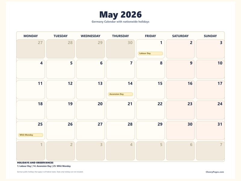 Germany May 2026 Calendar - Classroom printable preview