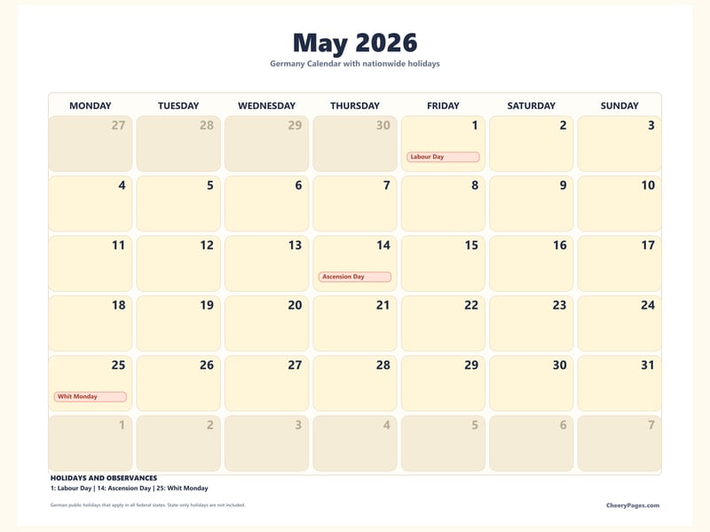 Germany May 2026 Calendar - Clean printable preview