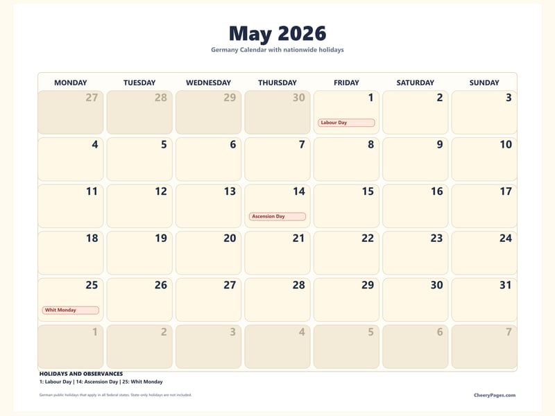 Germany May 2026 Calendar - Large Print printable preview
