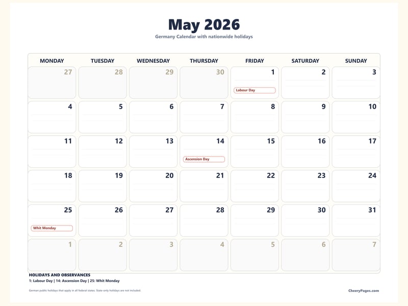 Germany May 2026 Calendar - Minimal Ink printable preview
