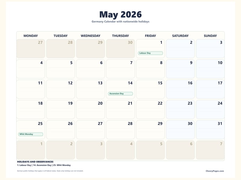 Germany May 2026 Calendar - Notes printable preview