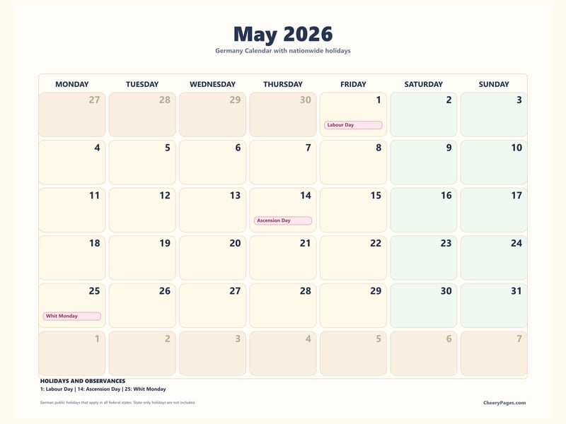 Germany May 2026 Calendar - Pastel printable preview