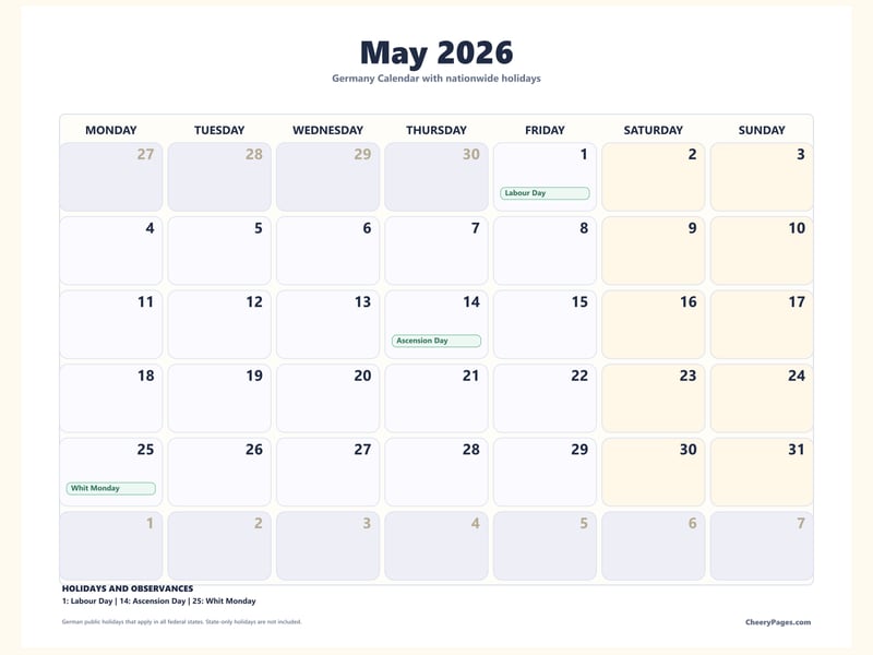 Germany May 2026 Calendar - Soft Grid printable preview