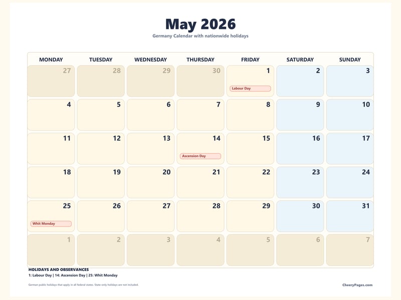Germany May 2026 Calendar - Weekend Shaded printable preview