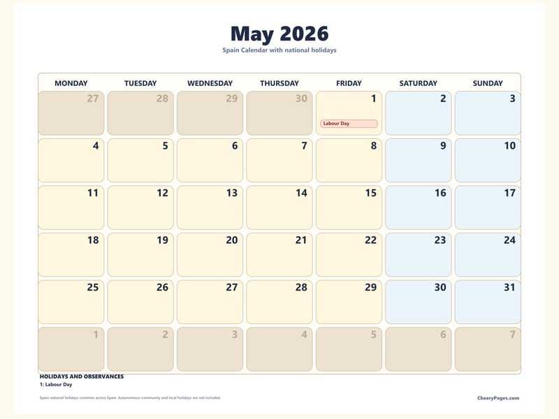Spain May 2026 Calendar - Bold printable preview