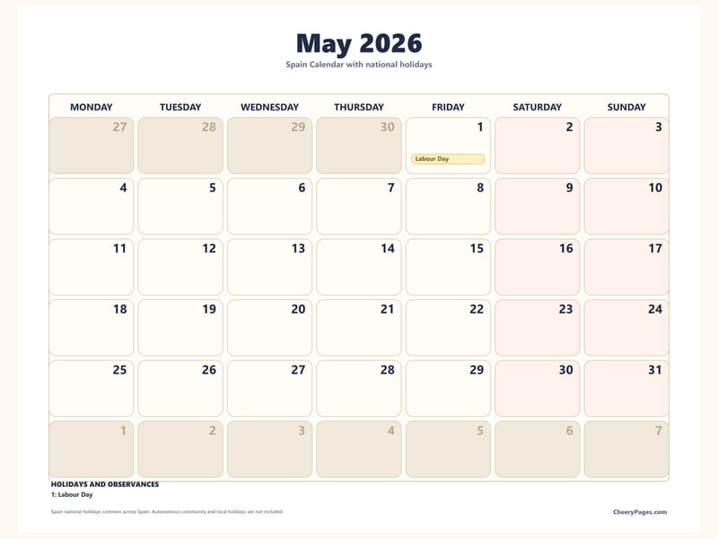 Spain May 2026 Calendar - Classroom printable preview