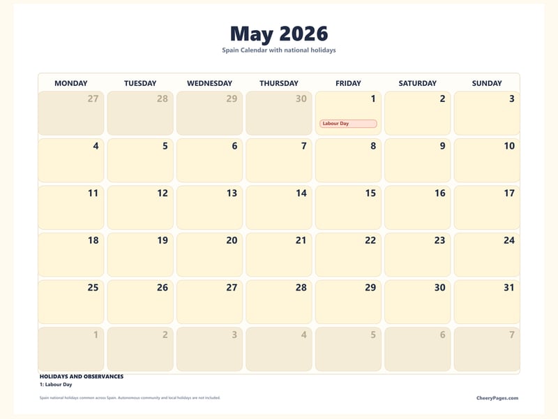 Spain May 2026 Calendar - Clean printable preview