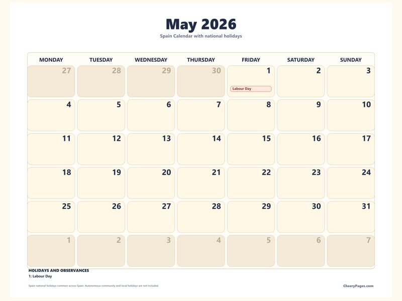 Spain May 2026 Calendar - Large Print printable preview