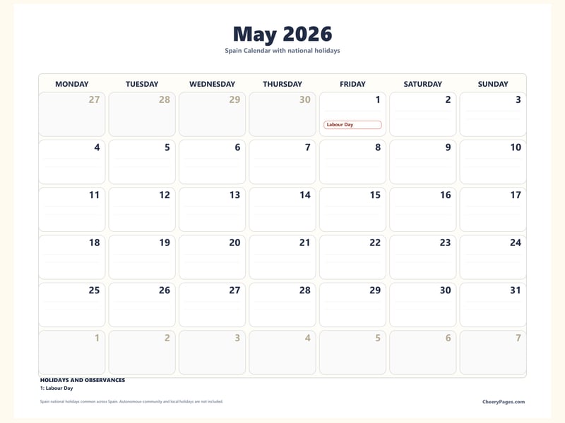 Spain May 2026 Calendar - Minimal Ink printable preview