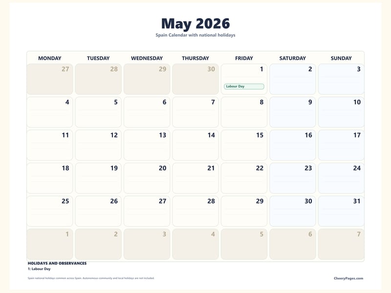 Spain May 2026 Calendar - Notes printable preview