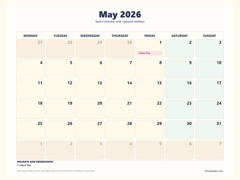 Spain May 2026 Calendar - Pastel printable preview