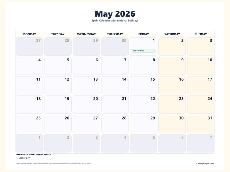 Spain May 2026 Calendar - Soft Grid printable preview