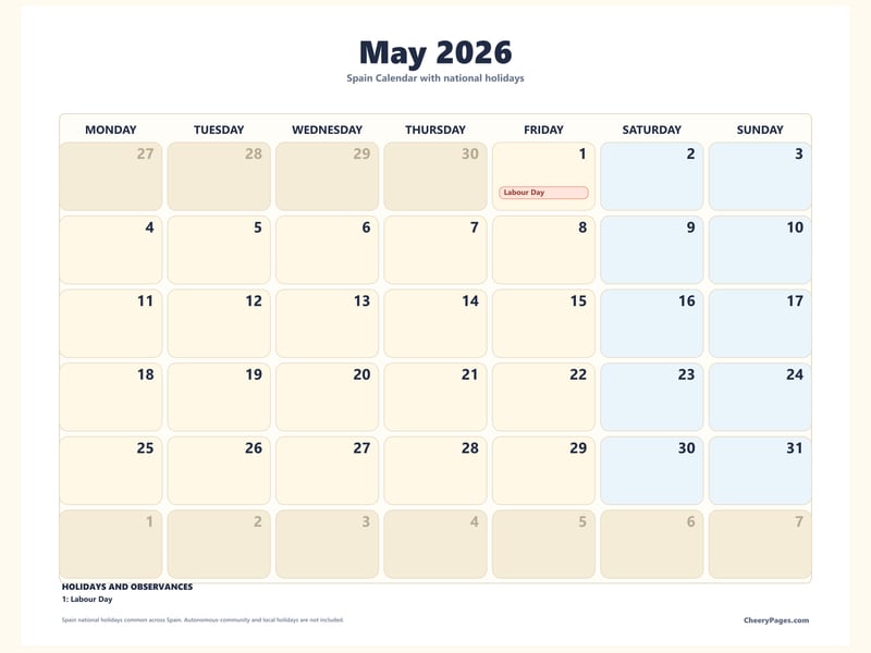Spain May 2026 Calendar - Weekend Shaded printable preview