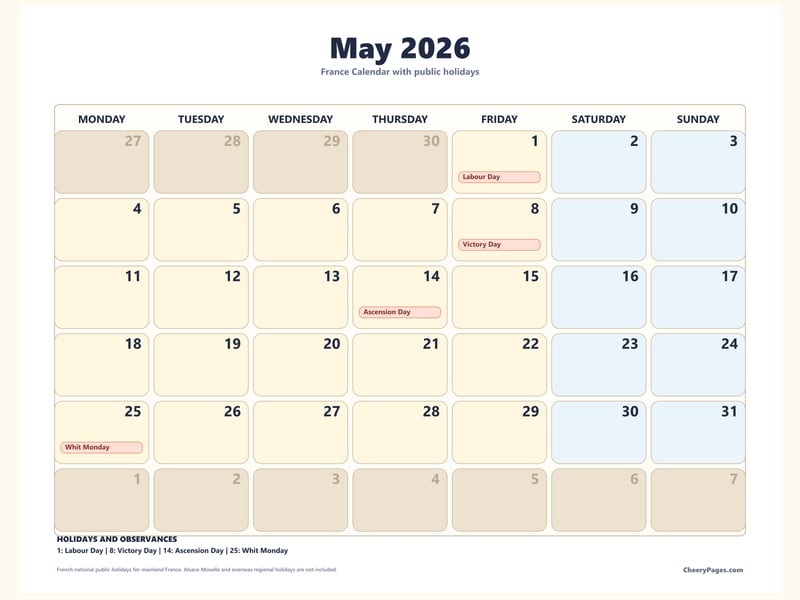 France May 2026 Calendar - Bold printable preview