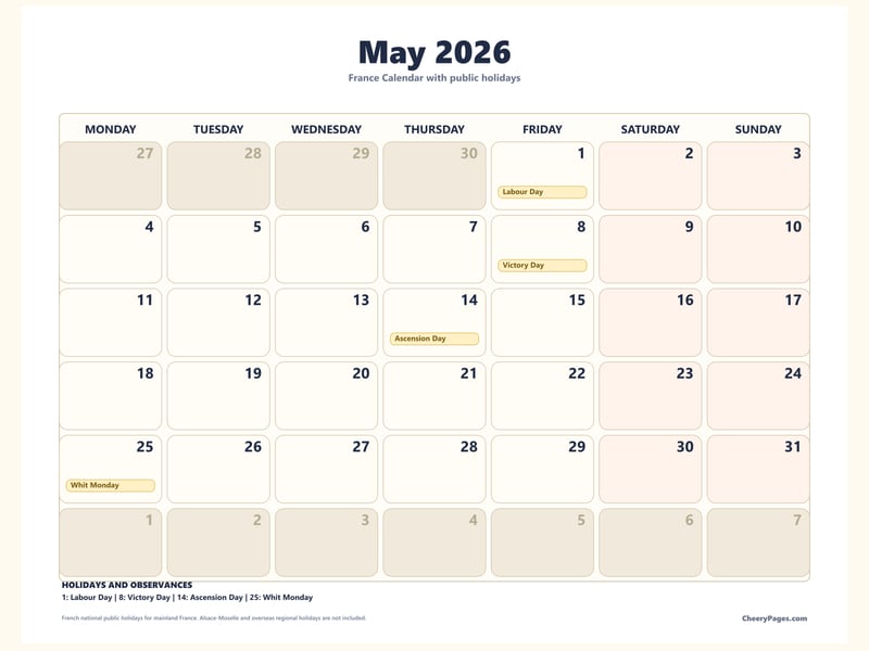 France May 2026 Calendar - Classroom printable preview