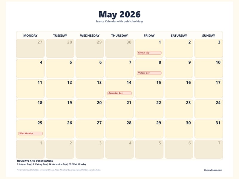 France May 2026 Calendar - Clean printable preview