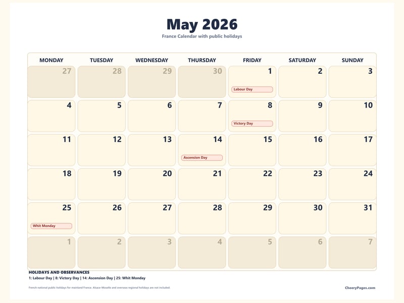 France May 2026 Calendar - Large Print printable preview