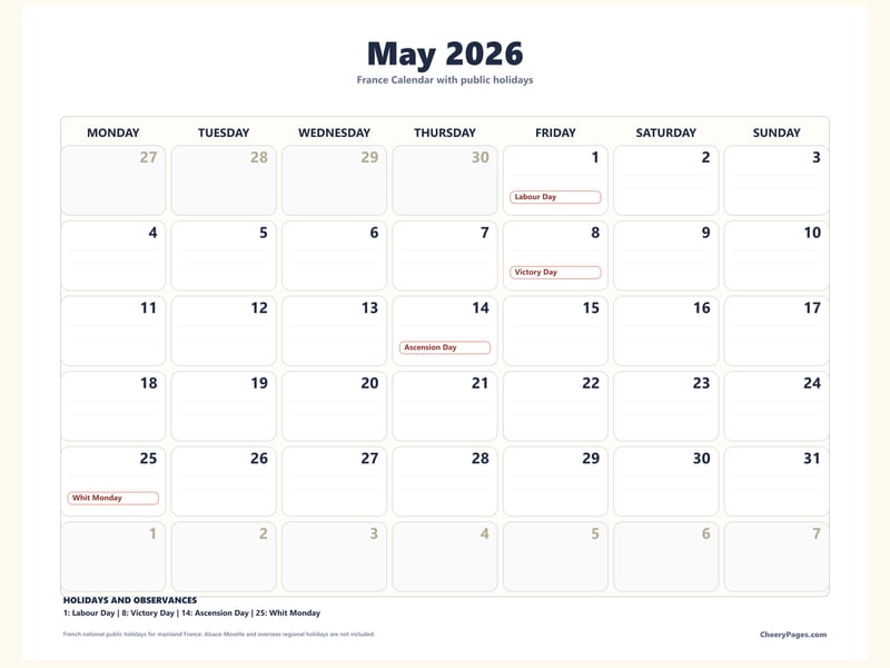 France May 2026 Calendar - Minimal Ink printable preview