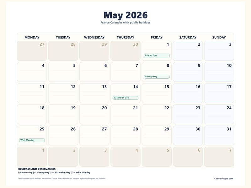 France May 2026 Calendar - Notes printable preview