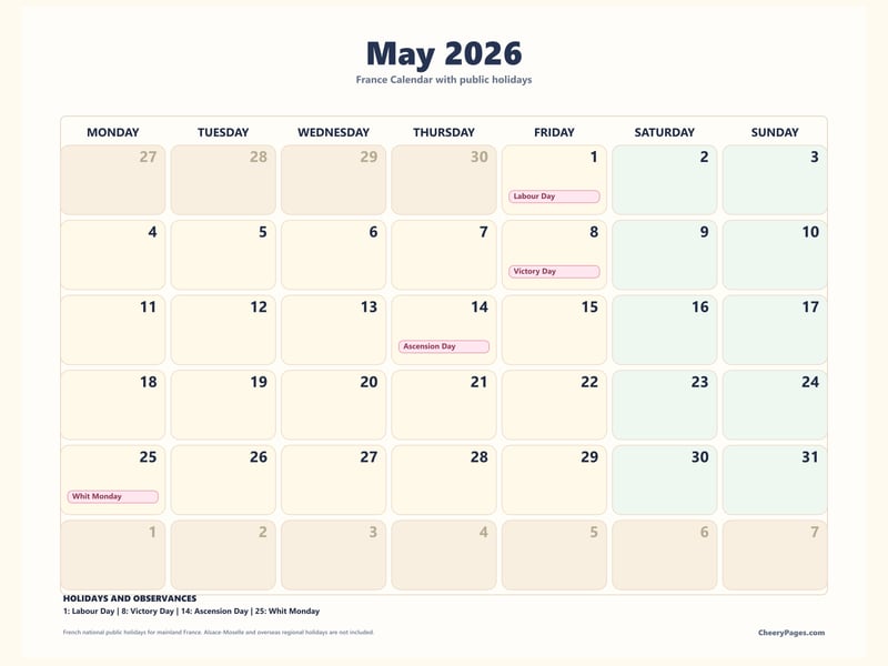 France May 2026 Calendar - Pastel printable preview