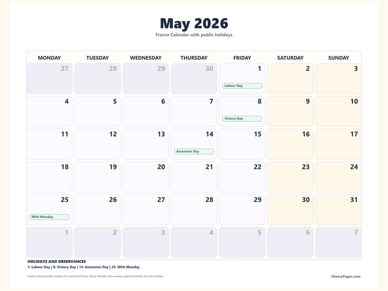 France May 2026 Calendar - Soft Grid printable preview