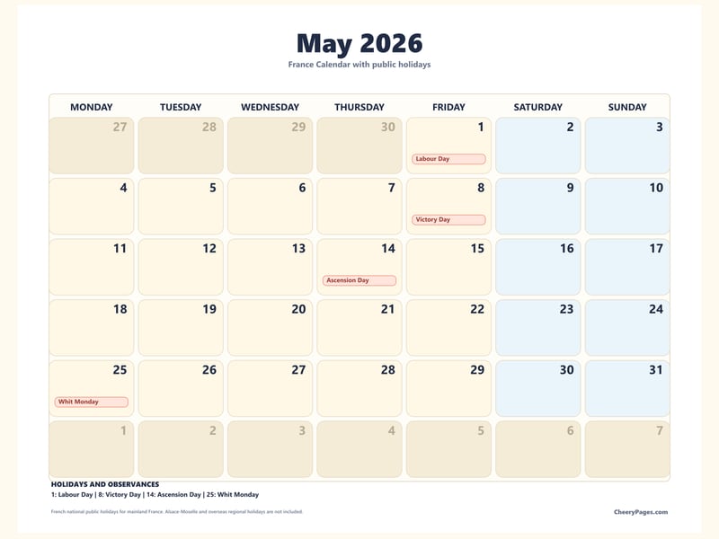 France May 2026 Calendar - Weekend Shaded printable preview
