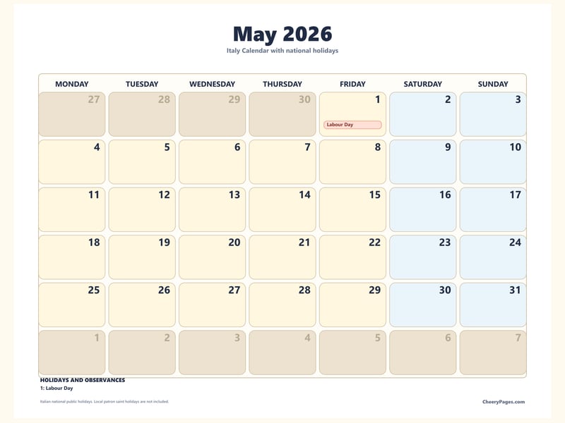 Italy May 2026 Calendar - Bold printable preview