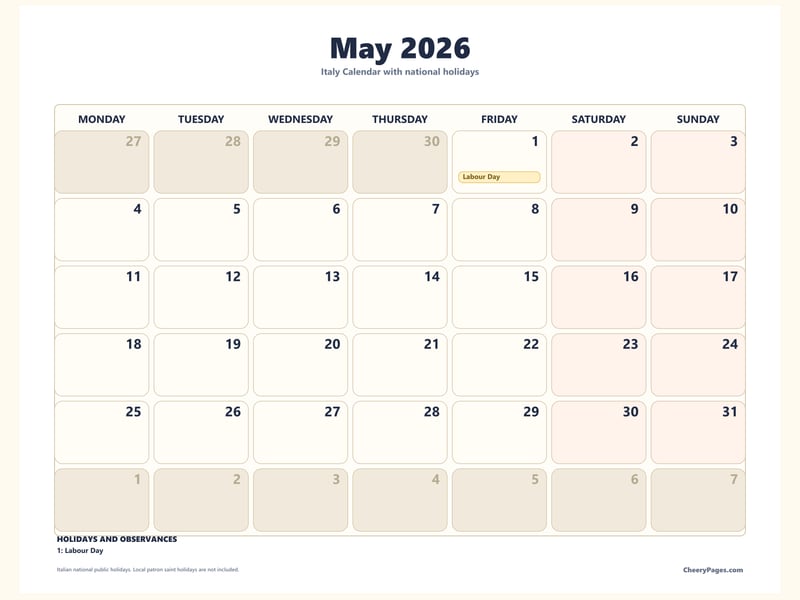 Italy May 2026 Calendar - Classroom printable preview