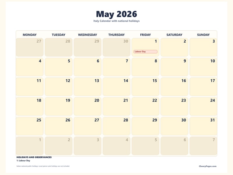Italy May 2026 Calendar - Clean printable preview
