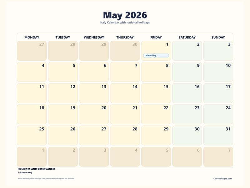 Italy May 2026 Calendar - Family Planner printable preview