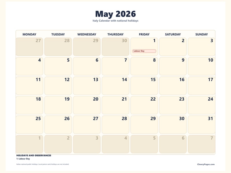 Italy May 2026 Calendar - Large Print printable preview