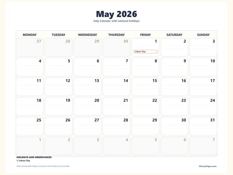 Italy May 2026 Calendar - Minimal Ink printable preview