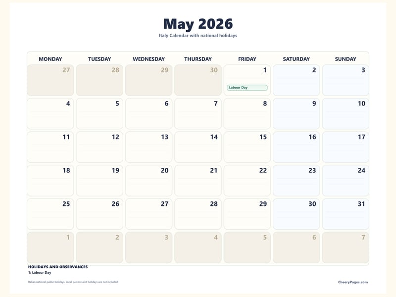 Italy May 2026 Calendar - Notes printable preview