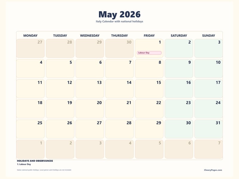 Italy May 2026 Calendar - Pastel printable preview