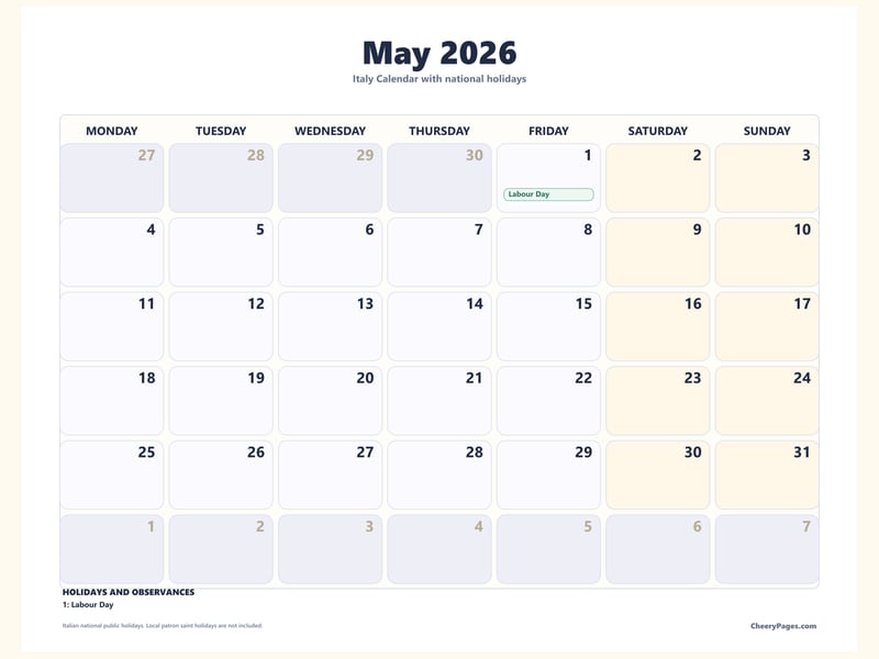 Italy May 2026 Calendar - Soft Grid printable preview