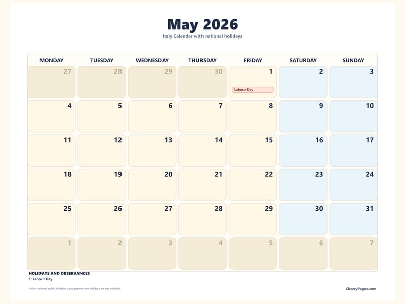 Italy May 2026 Calendar - Weekend Shaded printable preview