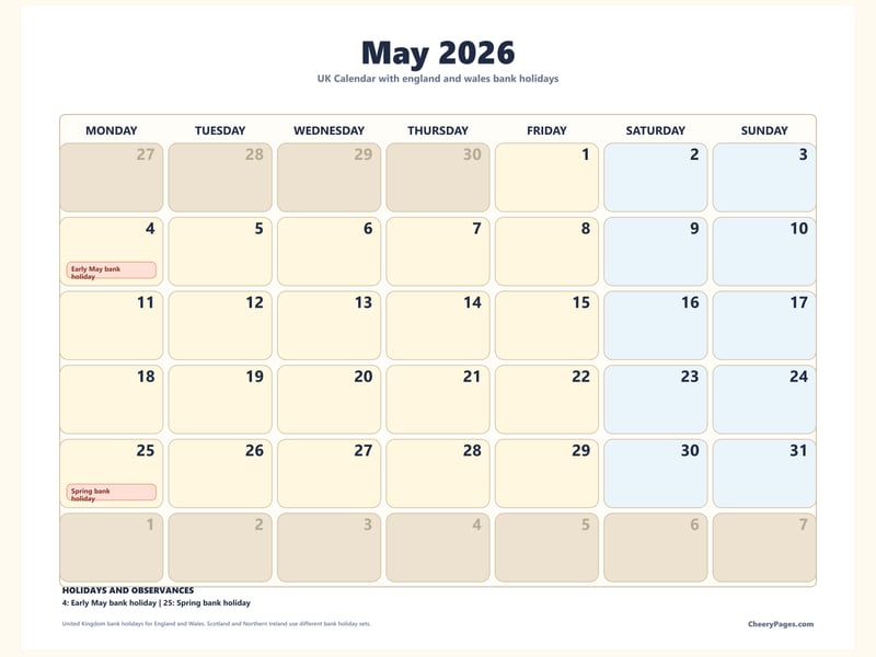 UK May 2026 Calendar - Bold printable preview