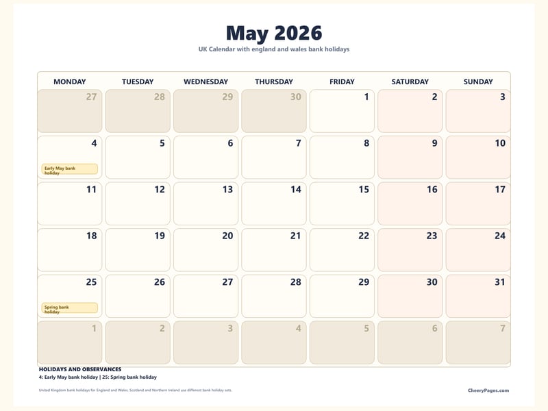UK May 2026 Calendar - Classroom printable preview