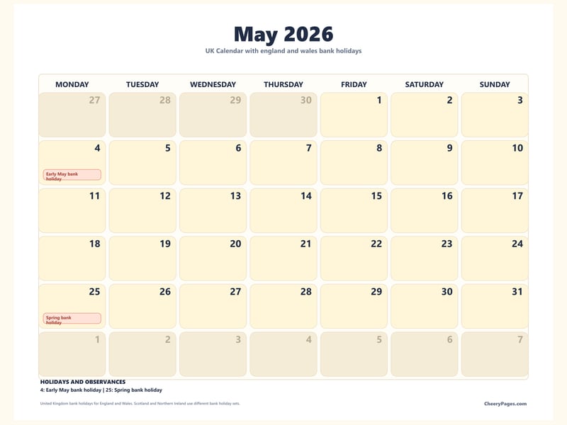 UK May 2026 Calendar - Clean printable preview