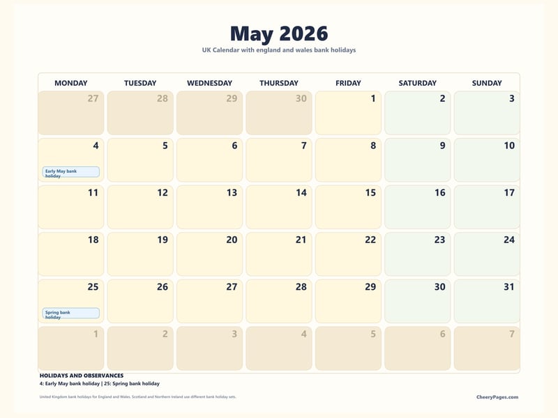 UK May 2026 Calendar - Family Planner printable preview