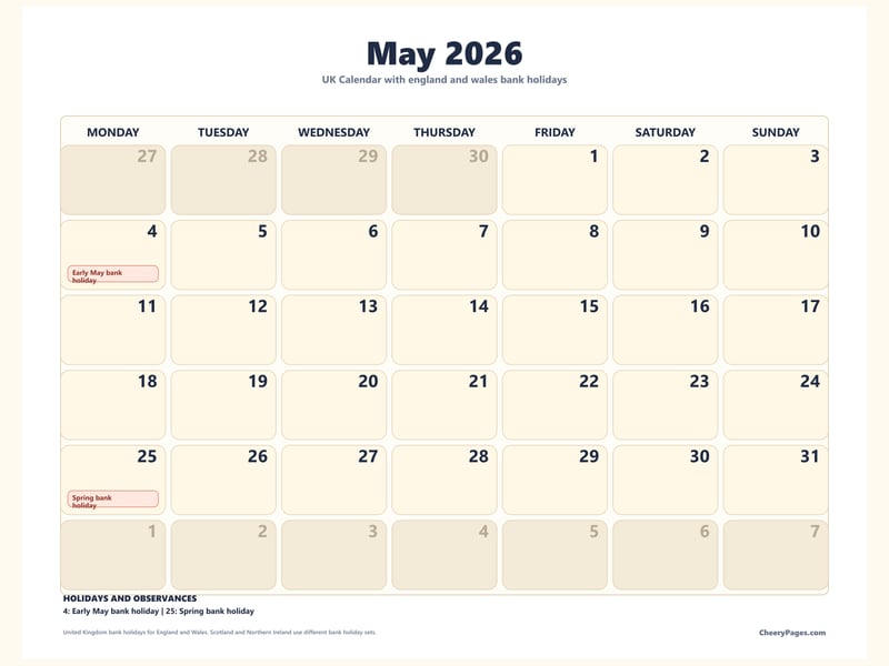 UK May 2026 Calendar - Large Print printable preview