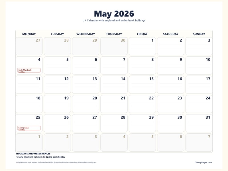 UK May 2026 Calendar - Minimal Ink printable preview