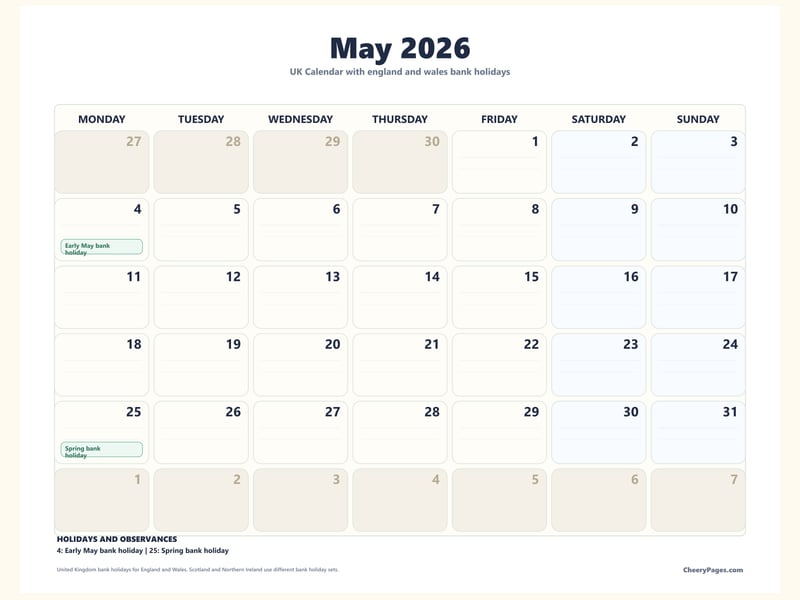 UK May 2026 Calendar - Notes printable preview