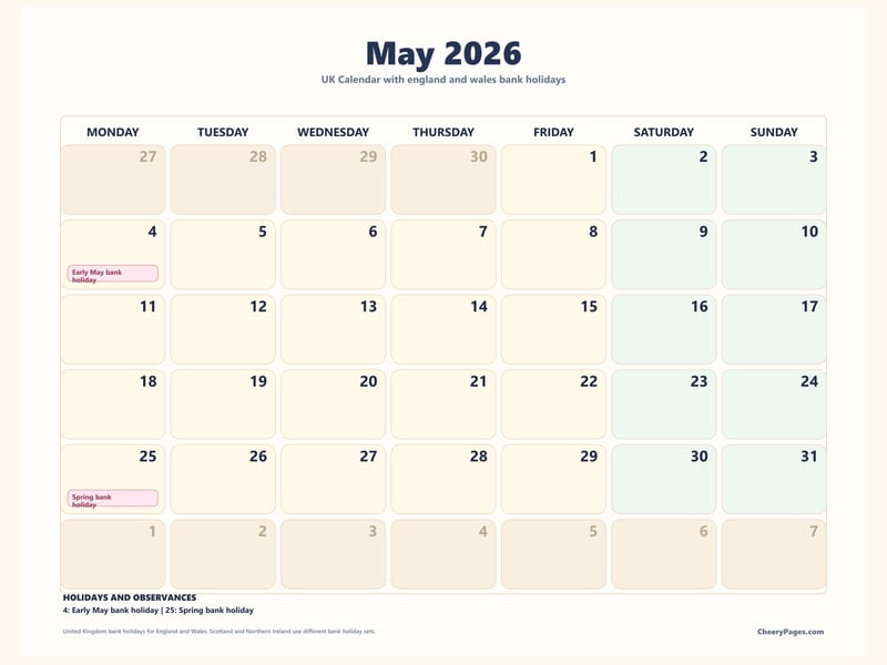 UK May 2026 Calendar - Pastel printable preview