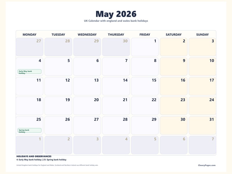 UK May 2026 Calendar - Soft Grid printable preview