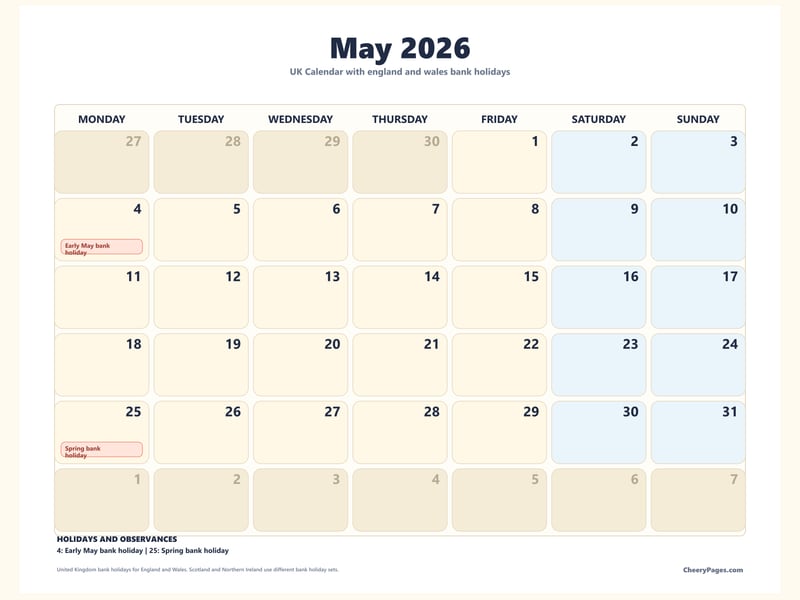 UK May 2026 Calendar - Weekend Shaded printable preview