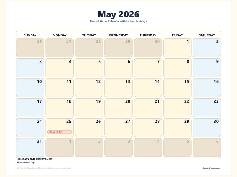 US May 2026 Calendar - Bold printable preview